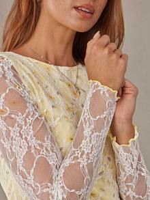 WESTFADE Women Yellow White Floral Lace Top, Fall, Autumn, Cowgirl, Rodeo, Country Concert, Back To School, Western, Festival, Cute Tops, Vacation - Light Yellow - View 4