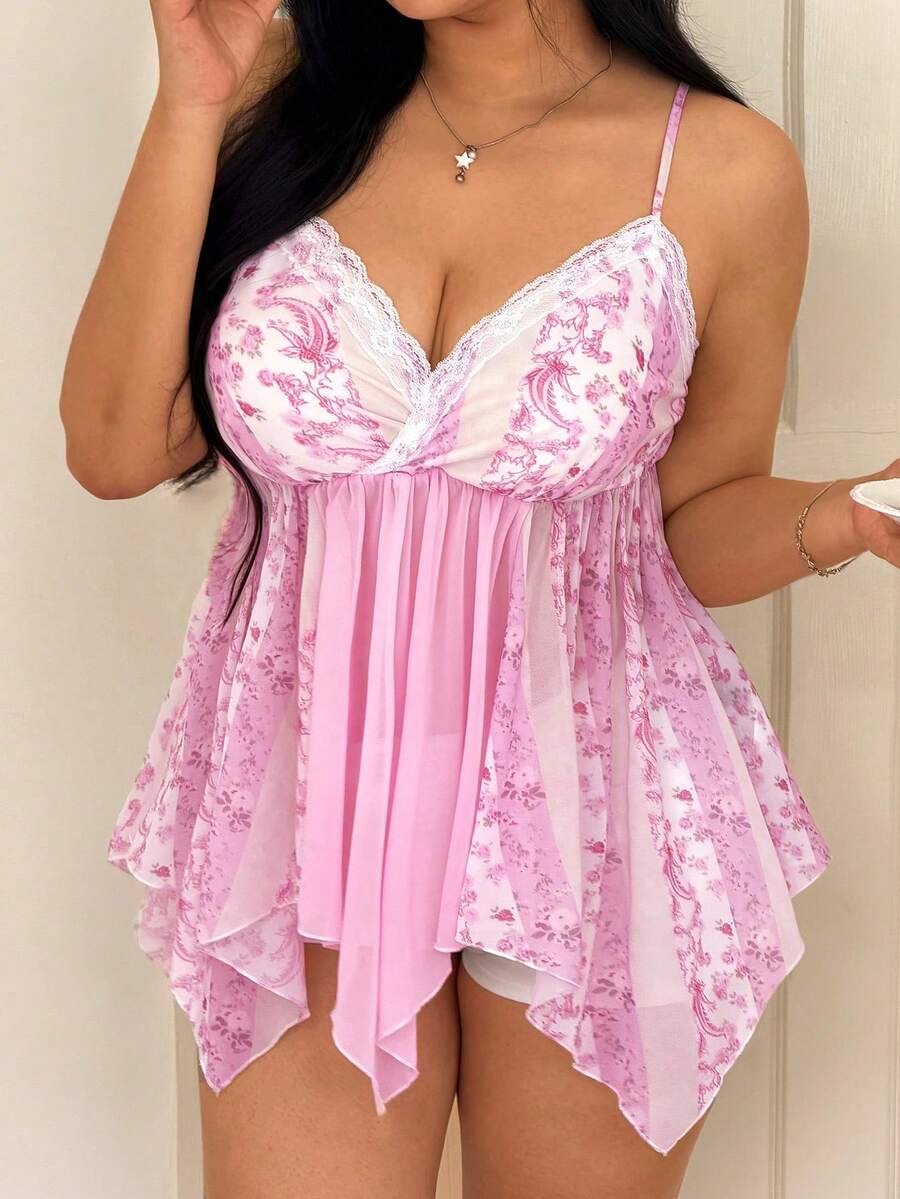 Sunnyshic Plus Size Floral Print Lace Patchwork Camisole - Pink - View 1