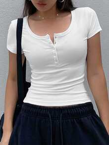 Dazy Kids Teen Girl Slim Fit Solid Color Short Sleeve T-Shirt, Summer, Back To School - White - View 2