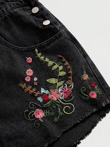 ROMWE Fairycore 大尺碼女款花卉刺繡毛邊時尚牛仔連身褲 - 黑色 - 查看 3