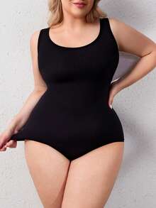 SHAPORA Plus Size Women Solid Color Simple Tank Body Shaper Bodysuit - Black - View 7
