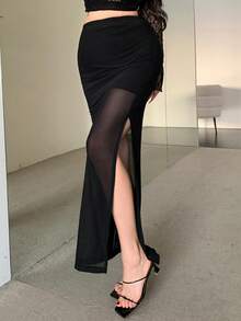 DAZY Women's Sheer Mesh Patchwork High Slit Bodycon Skirt, Sexy Date Night - Black - View 7