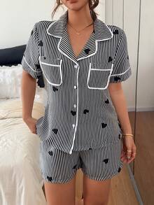 Napfluff Striped Heart Print Contrast Color Lapel Dual Pocket Cute Women Pajama Set - Black - View 3