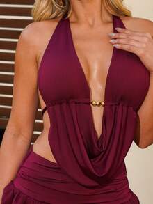 Sandy Gomes 2 Piece Sets Red Brown Color Halter Neck Sexy V Neck Backless Sleeveless Asymmetrical Mini Skirtt Set, Backless Top Sets Summer Elegant - Redwood - View 7