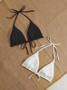 Swim Mod Plus Size Women Solid Color Halter Neck Tie Bikini Top 2pcs Set Suitable For Summer Vacation Beach - Black and White - View 2