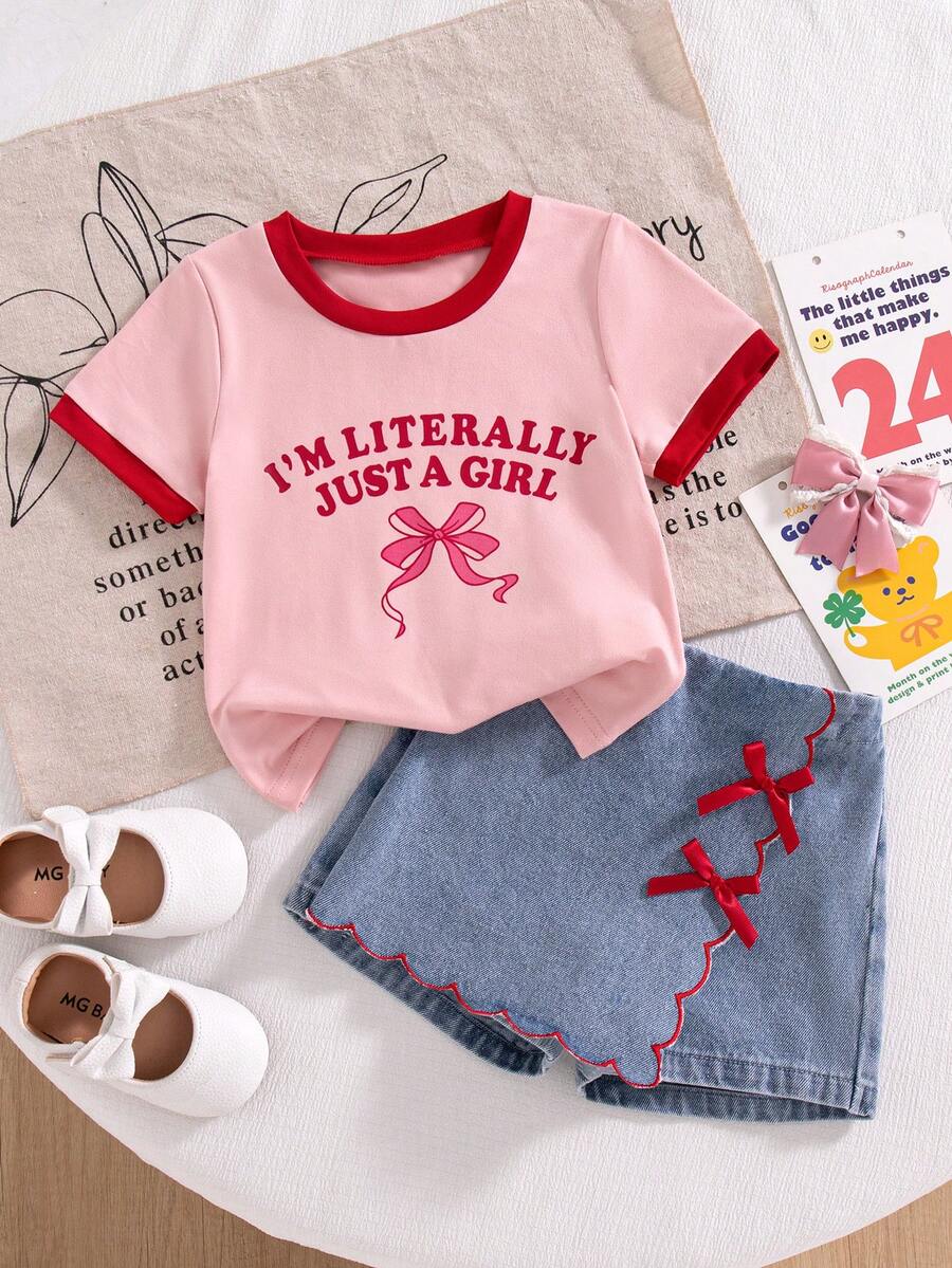 Souflis Souflis 2件組女嬰夏季新款圓領短袖前英式蝴蝶結印花對比色上衣 & 牛仔裙褲附3D蝴蝶結,簡約可愛百搭美拉德色系 - 彩色 - 查看 1