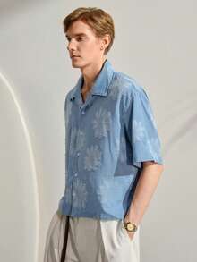 VeloEdit Blue New Spring/Summer Jacquard Floral & White Casual Vacation Party Short Sleeve Shirt Light Graphic Men Vintage Baby Hawaiian Old Money Style GiftFall Winter - Blue - View 5