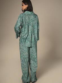 KSTM Paisley Print Long Sleeve Shirt And Wide Leg Palazzo Pants Co-Ord Set Summer Vacation Two Piece Outfit - Green - View 6