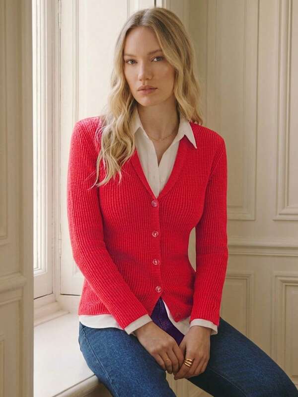 Daynim Cardigan Versátil Feminino de Cor Sólida com Abotoamento Simples, Manga Longa e Decote em V