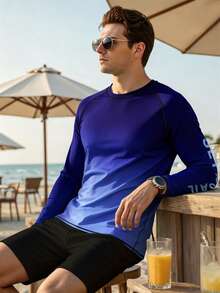 Naviga Onda Camiseta de surf de manga larga con cuello redondo, manga raglán, estampado de letras y color degradado para hombre - Azul Marino - Ver 1