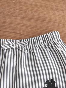 SHEIN 黑白條紋高腰腰帶長褲，薄款，適合春夏季 - 黑色 - 查看 4