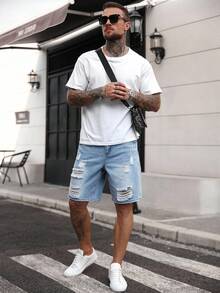 Manfinity LEGND Shorts de mezclilla con botones, efecto desgastado y lavado, de largo hasta la rodilla, para hombres de talla grande - Azul - Ver 7