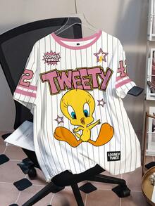 LOONEY TUNES X SHEIN Plus Size Summer Casual Striped Cartoon Letter Print T-Shirt - White - View 3