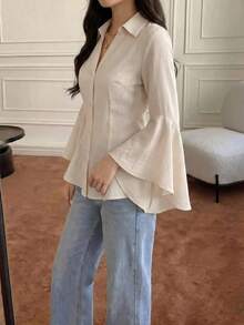 Solavon 女款素色單排扣休閒百搭日常穿搭阿拉伯風襯衫 - 杏色 - 查看 5