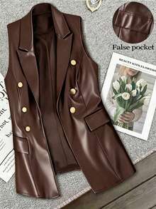 GlowEve CURVE Plus Size Women Leather Sleeveless Jacket With Button Decor - Brown - View 1