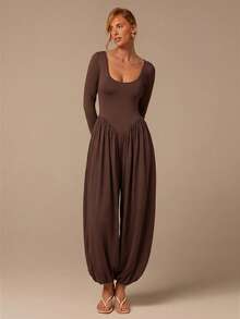 COSMINA Women's Solid Color Square Neck Long Sleeve Pleated Elastic Leg Fashion Jumpsuit Brunch Holiday Dark Brown Autumn Elegant Casual Tea Party Travel - Brown - View 5