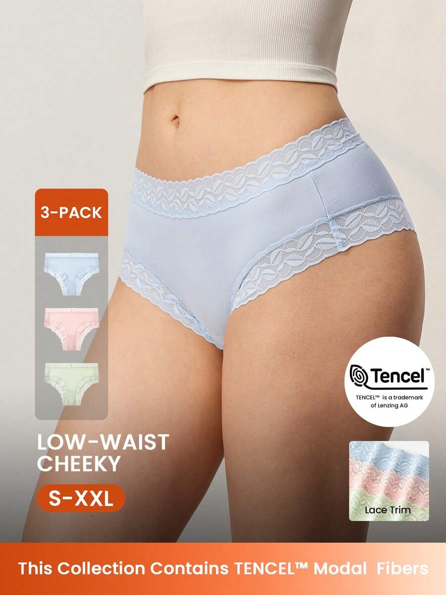 LUVLETTE 3-Pack Lace Trim Low Rise TENCEL™ Modal Cheeky Women Underwear Panties Set - Multicolor - View 1