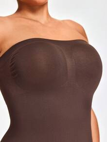 SHAPORA Women's Minimalist Solid Color Elastic Bandeau Bodycon Dress - Brown - View 5
