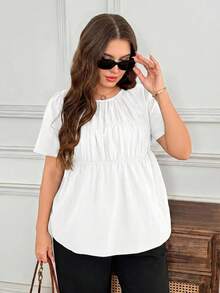 SHEIN LUNE 大尺碼夏季休閒素色短袖襯衫 - 白色 - 查看 6