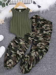 SHEIN Essnce 大码女式时尚清凉罗纹针织背心和迷彩裤套装 大码女式夏季服装乡村演唱会服装新款时尚休闲街头运动绿色两件套 - 軍綠色 - 查看 1