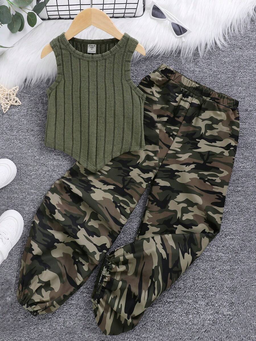 SHEIN Essnce 大码女式时尚清凉罗纹针织背心和迷彩裤套装 大码女式夏季服装乡村演唱会服装新款时尚休闲街头运动绿色两件套 - 軍綠色 - 查看 1