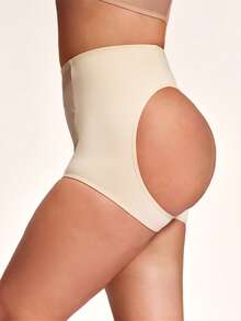 SHAPORA Plus Size Solid Color Open Back Mesh Patchwork Shapewear Bottom - Beige - View 4
