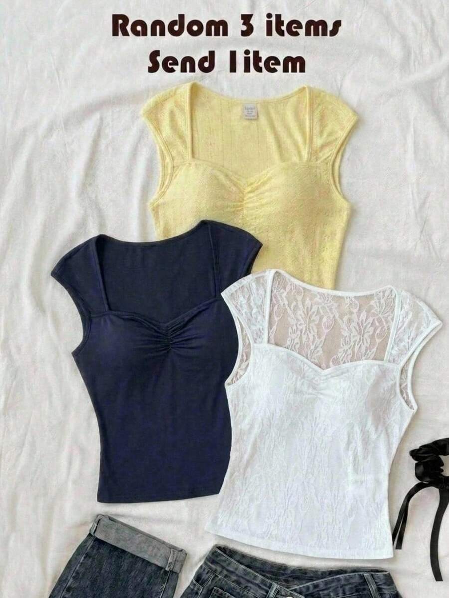 SHEIN 青少年女孩修身休閒極簡舒適提花布料短袖T恤 - 黑與白 - 查看 1