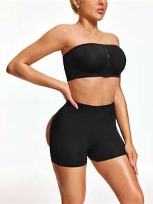 SHAPORA Damen Set aus einfarbigem Bandeau-Top und kurzen Shorts-Bodysuit - Schwarz - Übersicht 5