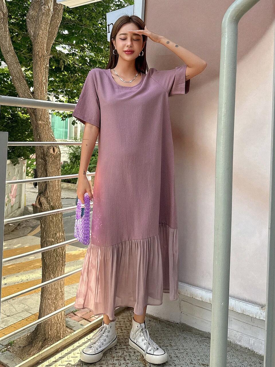 Spring Summer Autumn Round Neck Short Sleeve Loose Straight Solid Color Purple Pink Textured Fabric Hem Mesh Patchwork Pleated Women's Mid-Length Dress