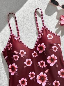 Swim Vcay 2026 New Pink Floral Print Adjustable Shoulder Strap Camisole One-Piece Swimsuit, Sexy Tropical Slimming Backless Triangle Racing Bikini, Summer Beach - Multicolor - View 7