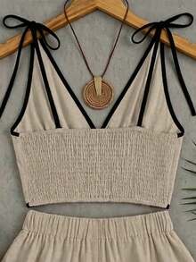SHEIN Franclia 夏季新款女款V領細肩帶上衣與短褲兩件套，黑色休閒熱帶風歐風海灘度假裝 - 卡其色 - 查看 5