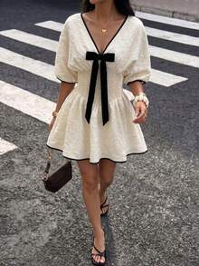 Siren Gaze Women's Short Sleeve Bow Tie Fitted Dress - Apricot - View 5