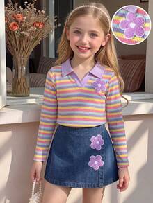 Back To School Season Girls Toddler Casual 2pcs Set Spring/Autumn Rainbow Striped Shirt Collar Long Sleeve T-Shirt, Soft Ribbed Knit Top Denim Skort - Multicolor - View 3