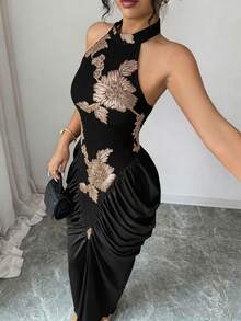 Modelyn Brown Mesh Jacquard Embroidered Backless Halter Neck Slim Fit Ruched Gathered Design Fashionable Elegant Long Dress - Black and Gold - View 5
