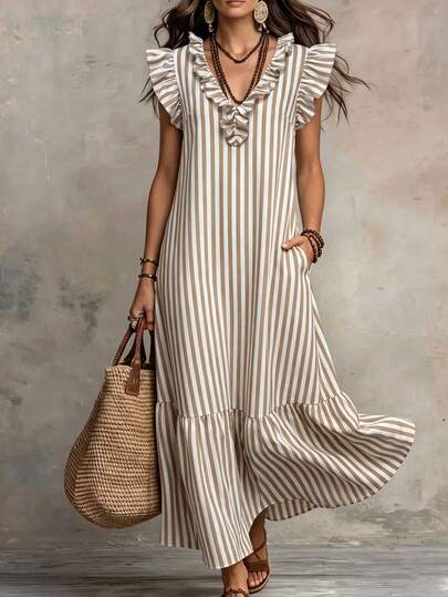 Louniche Women's Fashion Casual Striped Ruffle Edge Design Flutter Sleeve Long Dress Bohemian Vacation Loose Comfortable Maxi Dress