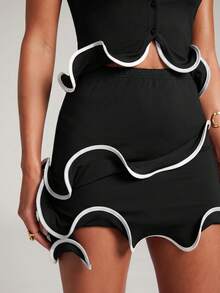 NYA SZN Matching Set Top And Skirt Mini Length Short Sleeve Button Front Wire Hem Baby Shower Special Event Summer Yellow Outfits For Women - Black and White - View 1