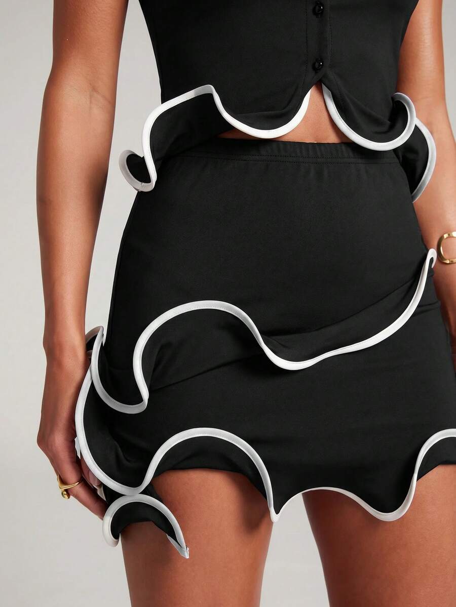 NYA SZN Matching Set Top And Skirt Mini Length Short Sleeve Button Front Wire Hem Baby Shower Special Event Summer Yellow Outfits For Women - Black and White - View 1