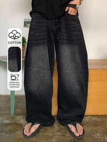 DAZY Jeans para hombre con diseño de pliegues laterales, ajuste holgado y lavado desgastado - Negro - Ver 1
