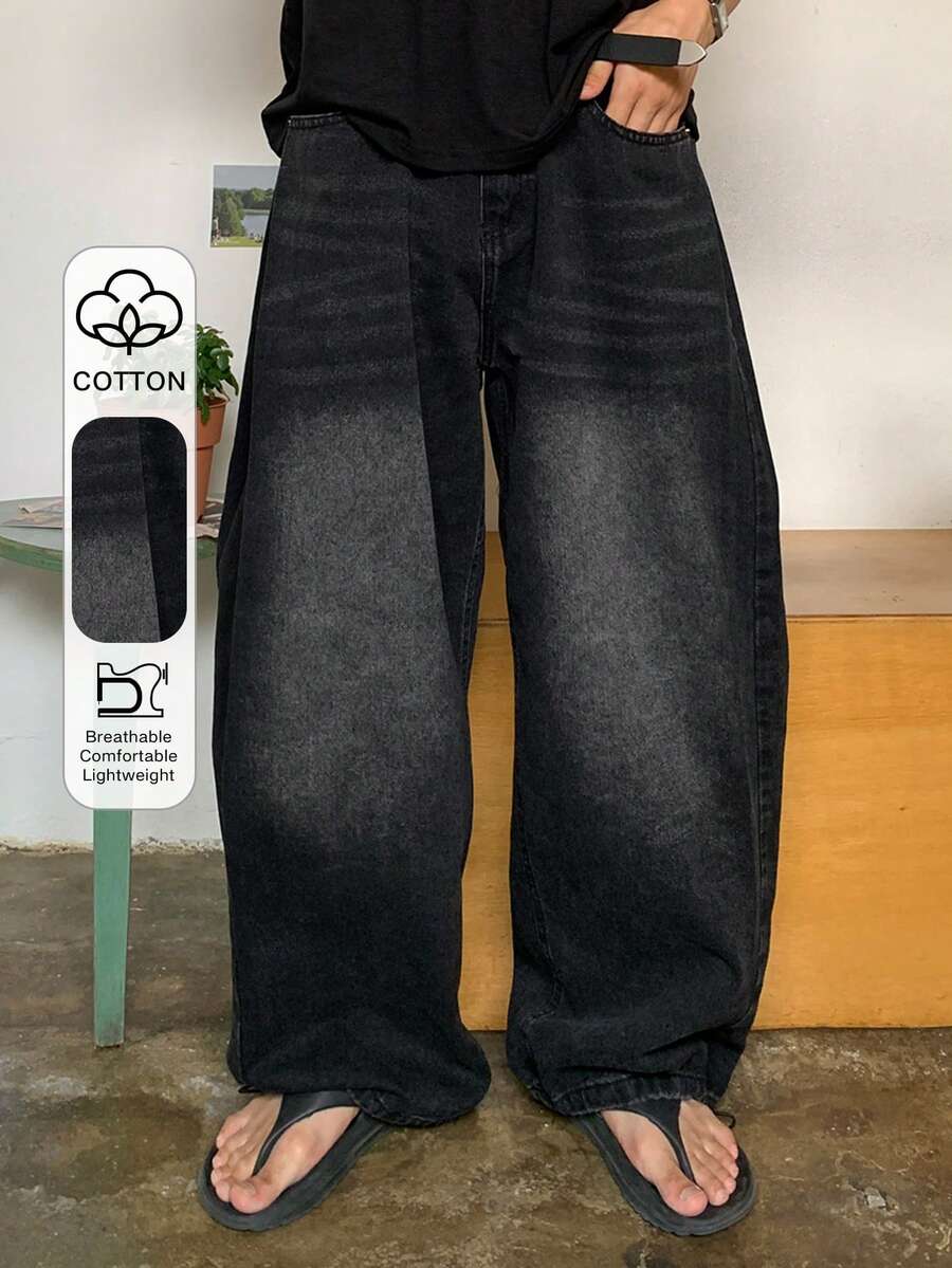 DAZY Jeans para hombre con diseño de pliegues laterales, ajuste holgado y lavado desgastado - Negro - Ver 1