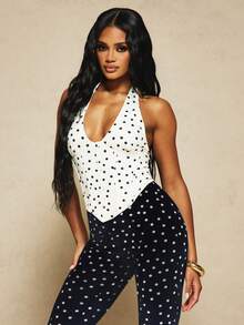 MISSGUIDED X Carli Bybel Polka Dot Halter Neck Corset Crop Top With Button Front Detail And Structured Boning Summer Style - Black and White - View 6