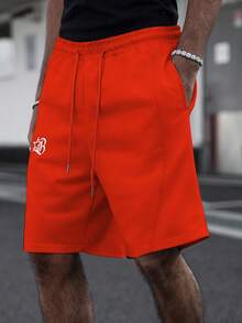Manfinity Roghcode Men's Minimalist Embroidered Pattern Versatile Casual Knit Shorts Loose Straight Leg High Street Patchwork Sports Pants - Burnt Orange - View 5