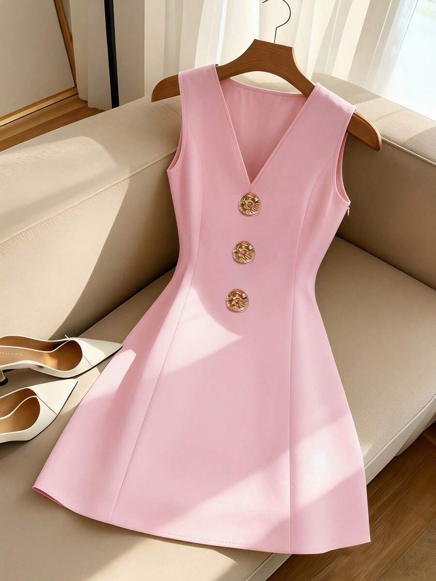 SHEIN Franclia Damen Neues französisches Stil V-Ausschnitt Tailliertes ausgestelltes Pendler elegantes kurzes Kleid - Pink - Übersicht 1