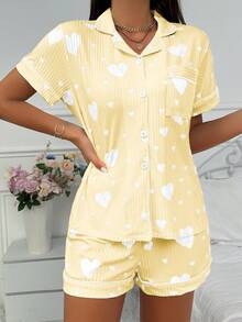 SHEIN Heart Print Lapel Open Front Short Sleeve Shorts Ribbed Pajama Set - Yellow - View 4