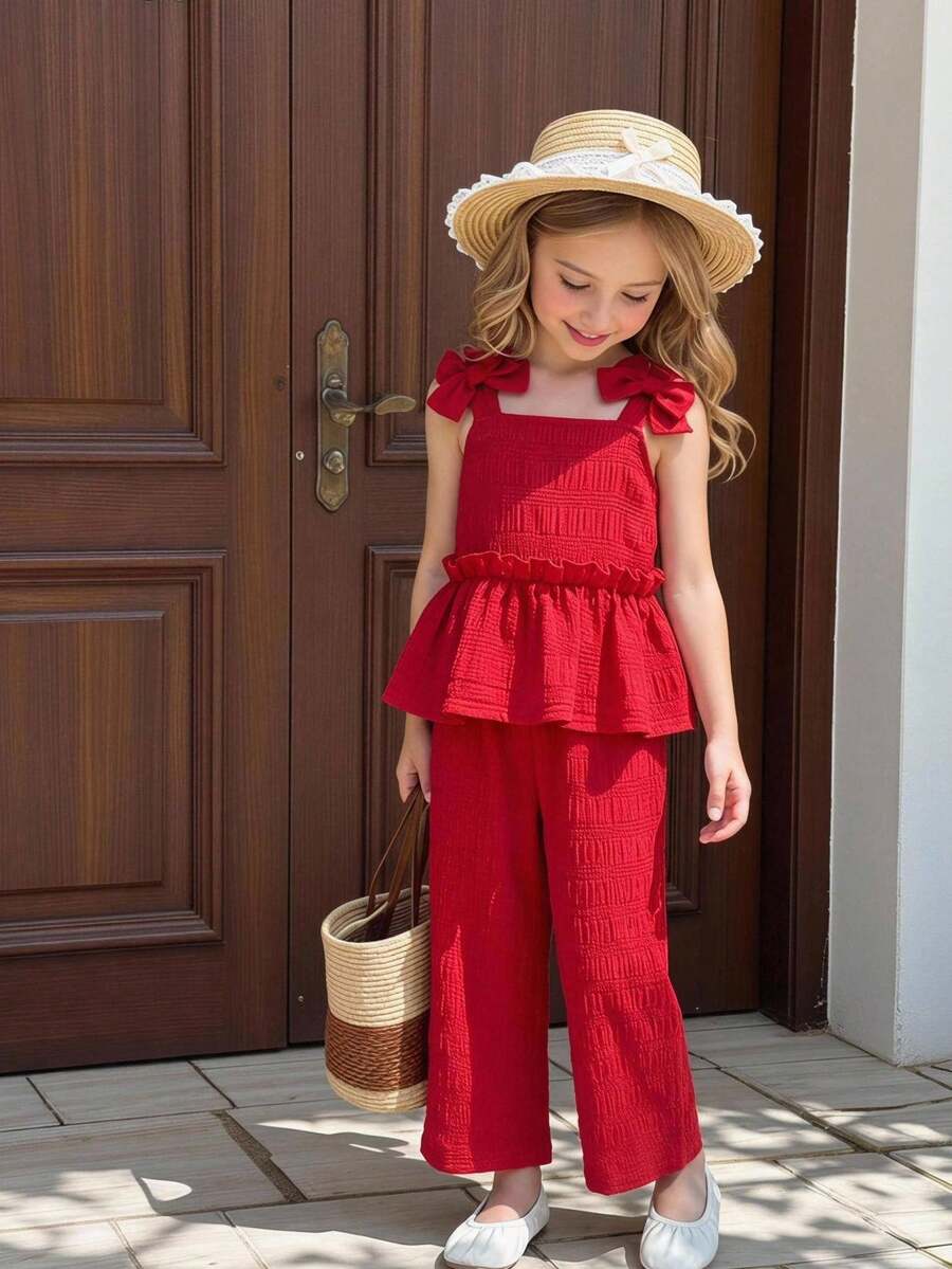 Emery Rose Kids Emery Rose Kids 少女編織素色吊帶上衣與長褲兩件組 - 紅色 - 查看 1