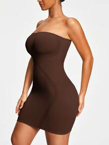 SHEIN Vestido miniajustado sin costuras y sin tirantes de unicolor para mujer - Marrón Chocolate - Ver 7