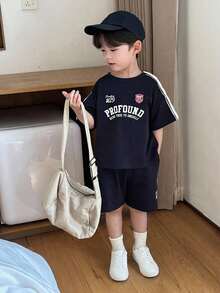 Dazy Kids 2 件套休闲套装：小男孩简约风格短袖上衣和短裤，返校服装 - 藏蓝色 - 查看 7