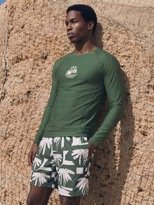 Palasendo 2pcs Men's Palm Tree Print Long Sleeve Top And Slant Pocket Shorts Set - Multicolor - View 6