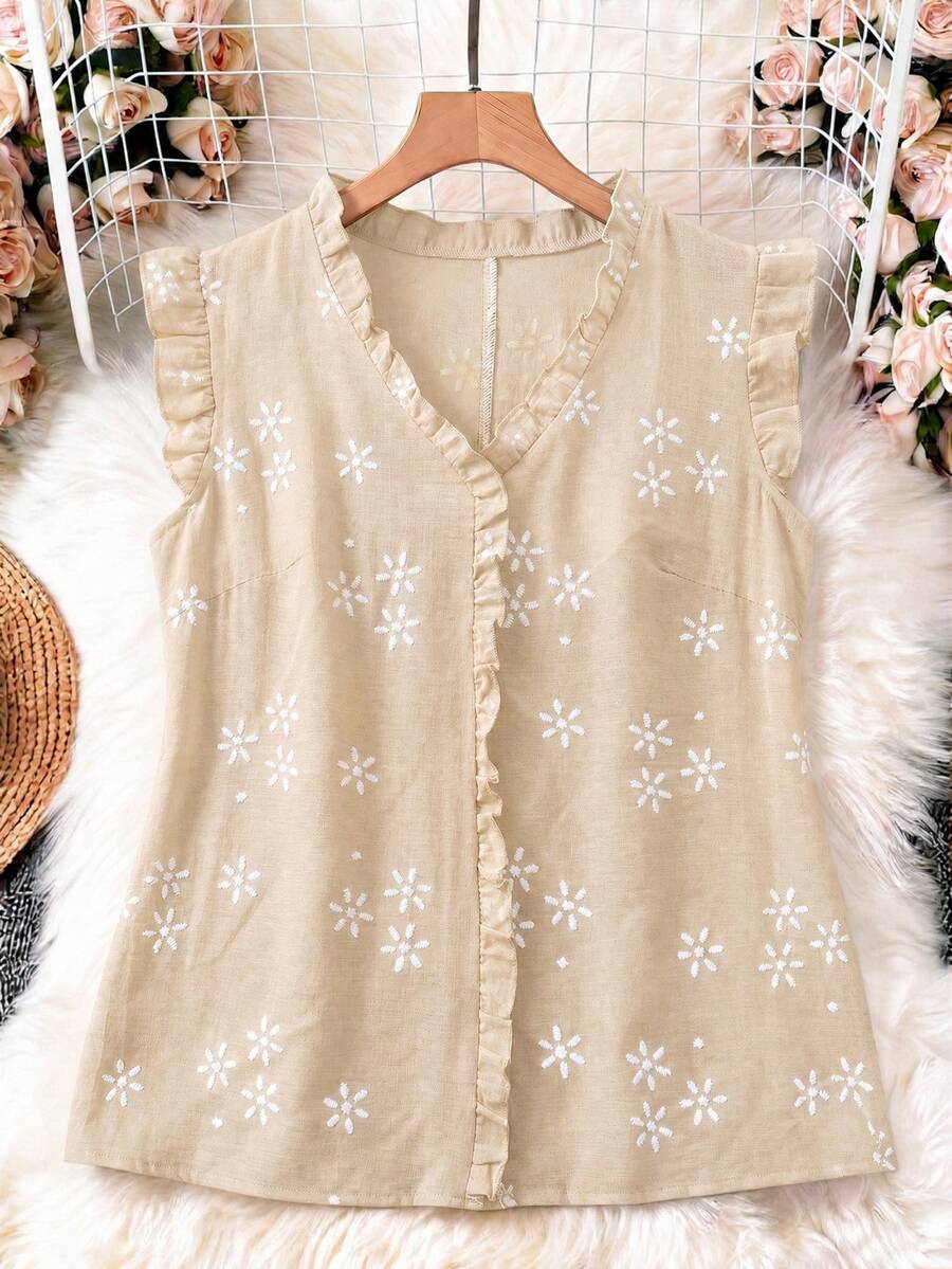 EMERY ROSE Blusa de talla grande con cuello en V, sin mangas, con volantes y bordado falso - Albaricoque - Ver 1