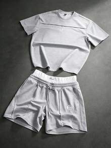 SLATEMANN Men's Embroidered Versatile Crew Neck Short Sleeve T-Shirt And Drawstring Waist Pocket Shorts Set - Grey - View 3