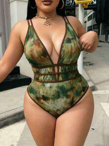Swim SXY 女款大尺碼豹紋深V領性感一件式海灘度假泳衣 - 彩色 - 查看 1